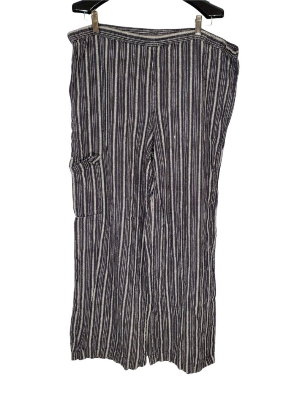 Chico's Linen Cargo Pants Women's 2/L Navy Blue White Striped Wide-Leg Baggy